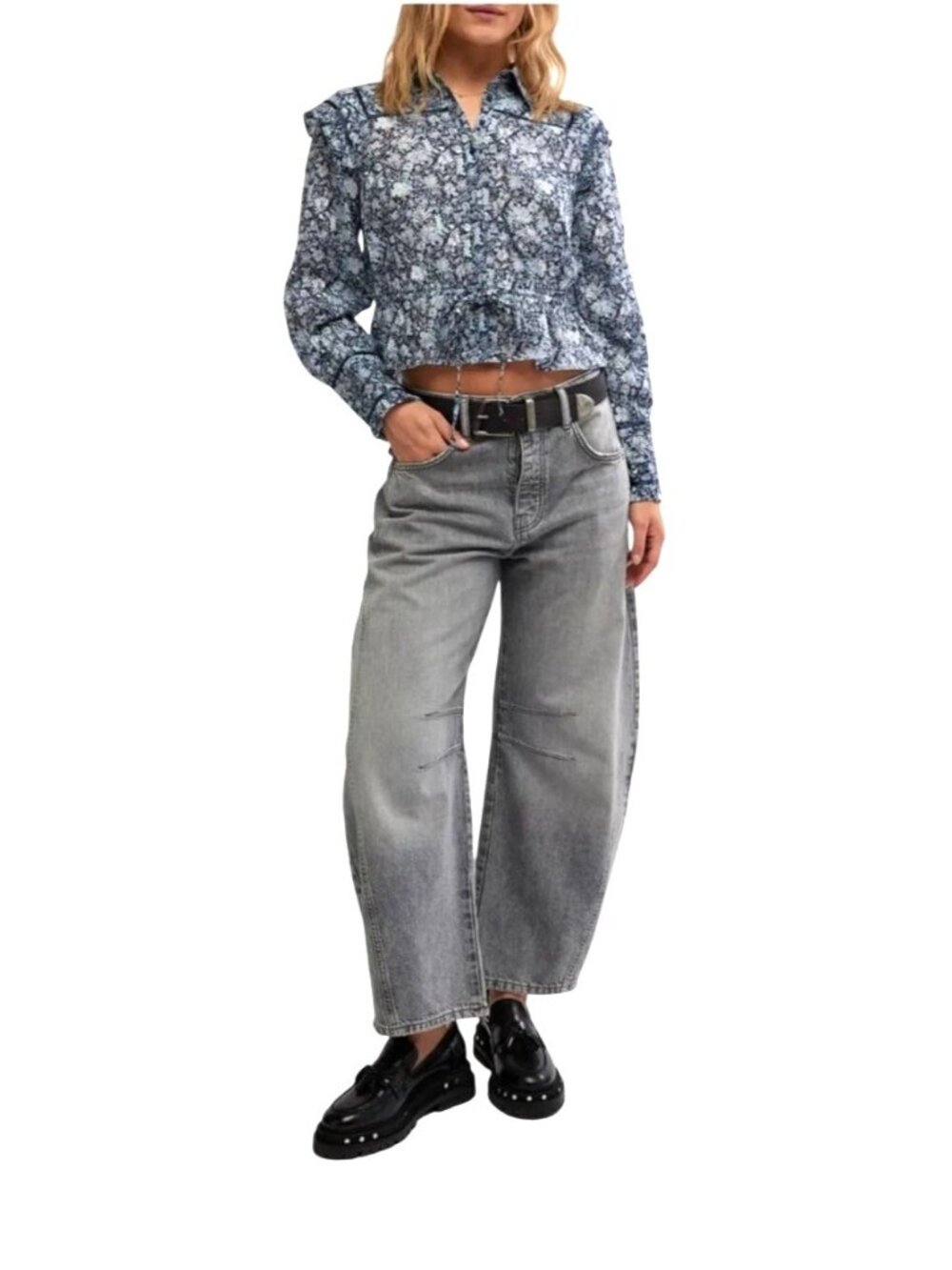 Free People Printed Daybreak Chambray Combo Blouse Floral Ruffled Cotton Small